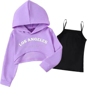 Arshiner Girls Cropped Sweatshirt Long Sleeve Shirts High Low Hem Crop Tops for Teens Kids Hoodies with Cami 5-14 Years