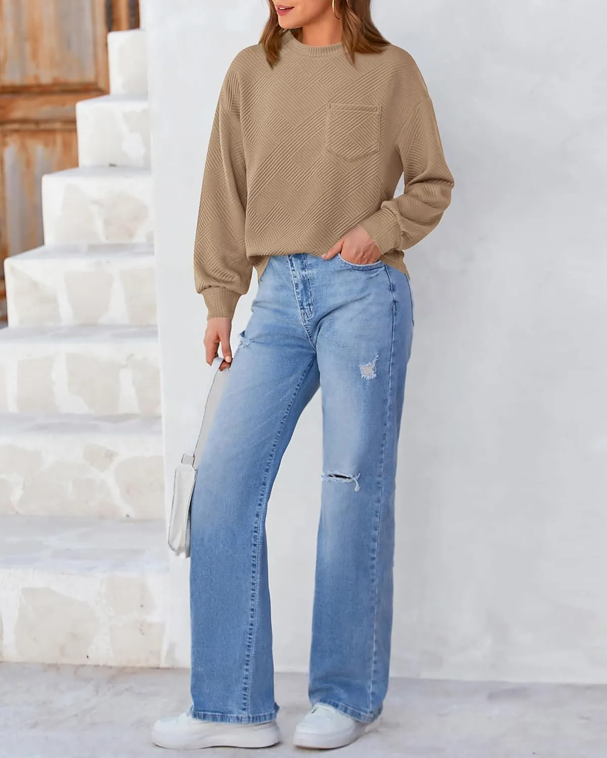 BTFBM Women's Casual Textured Sweatshirts 2024 Fall Winter Long Sleeve Drop Shoulder Crew Neck Pullover Tops with Pocket