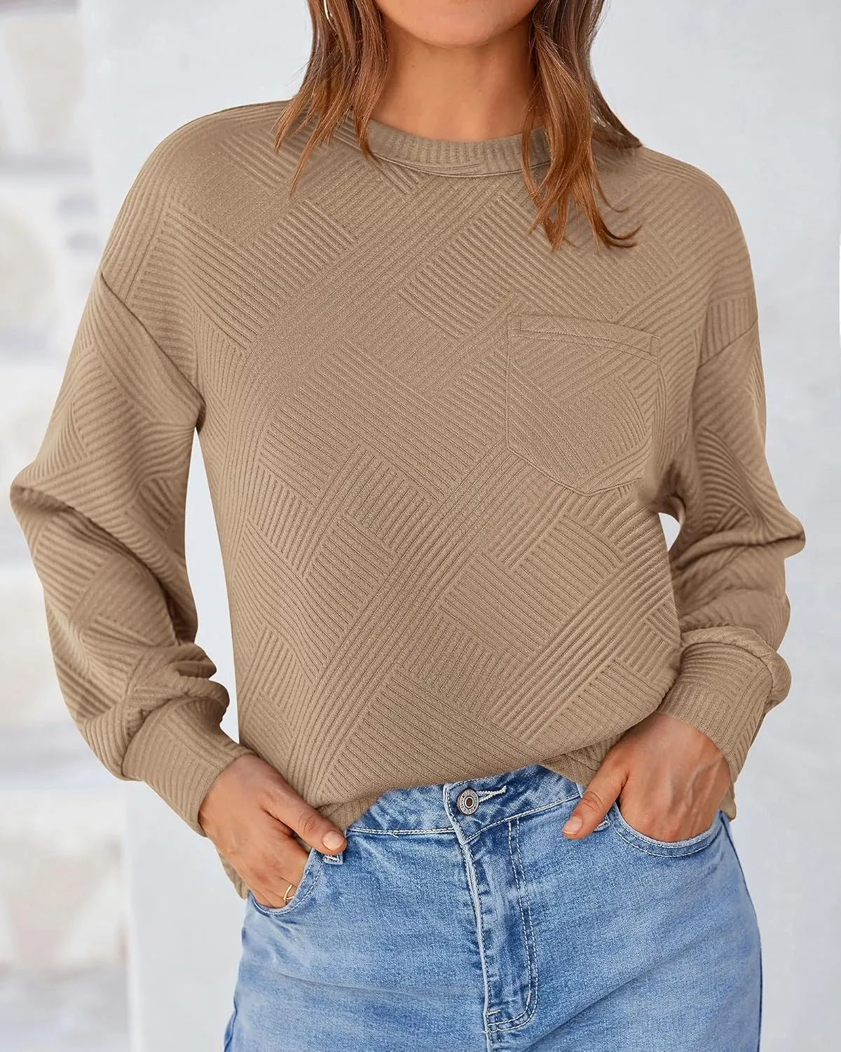 BTFBM Women's Casual Textured Sweatshirts 2024 Fall Winter Long Sleeve Drop Shoulder Crew Neck Pullover Tops with Pocket