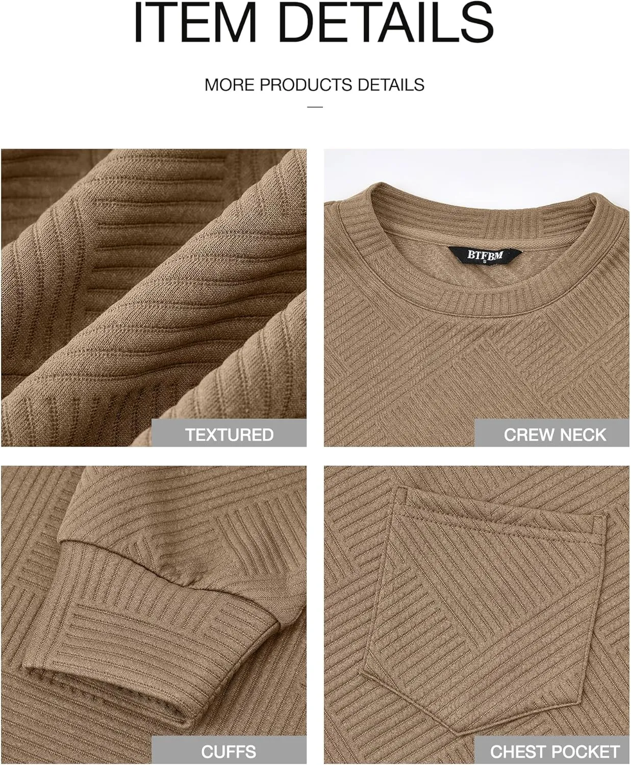 BTFBM Women's Casual Textured Sweatshirts 2024 Fall Winter Long Sleeve Drop Shoulder Crew Neck Pullover Tops with Pocket