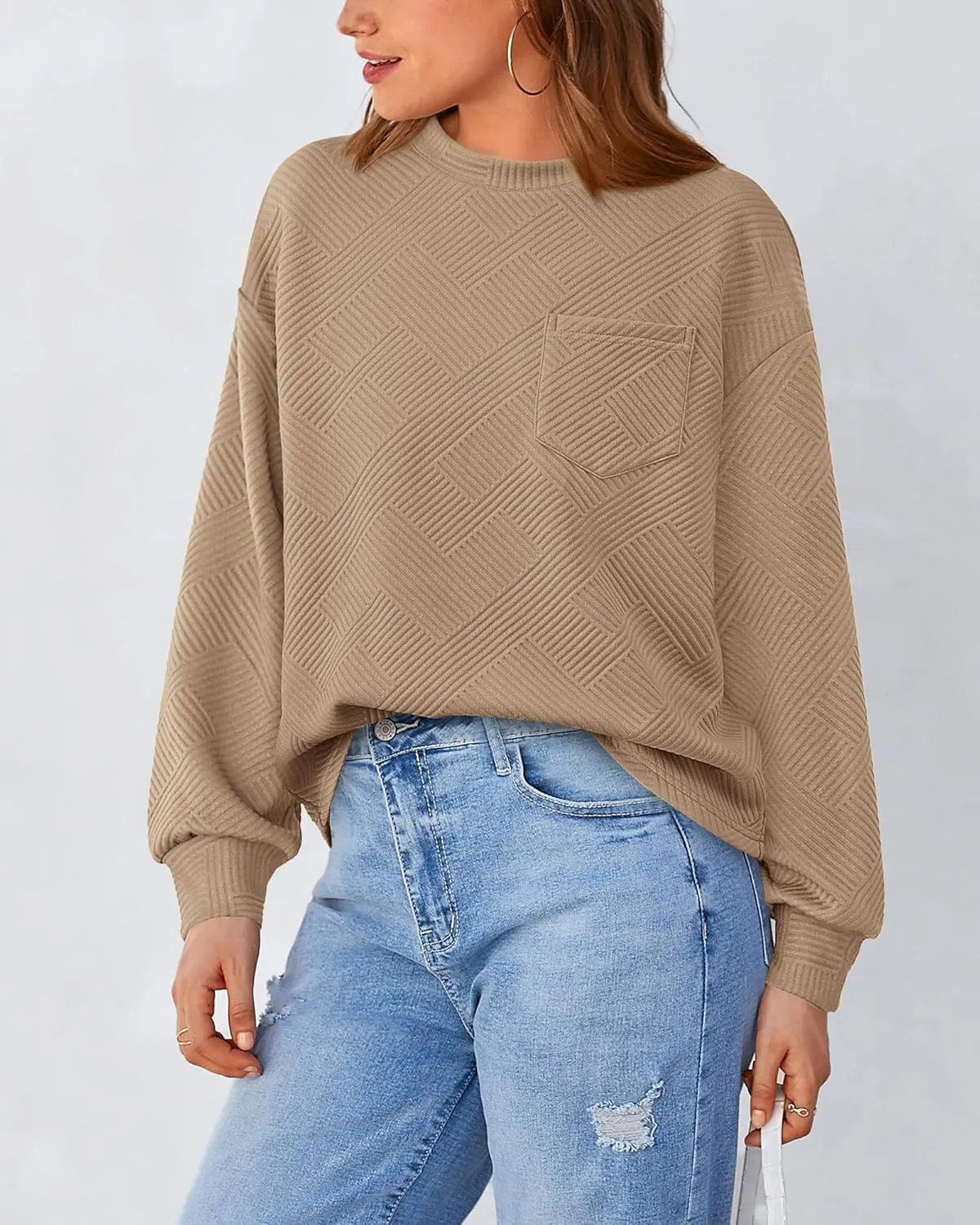 BTFBM Women's Casual Textured Sweatshirts 2024 Fall Winter Long Sleeve Drop Shoulder Crew Neck Pullover Tops with Pocket