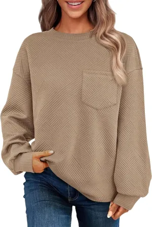 BTFBM Women's Casual Textured Sweatshirts 2024 Fall Winter Long Sleeve Drop Shoulder Crew Neck Pullover Tops with Pocket