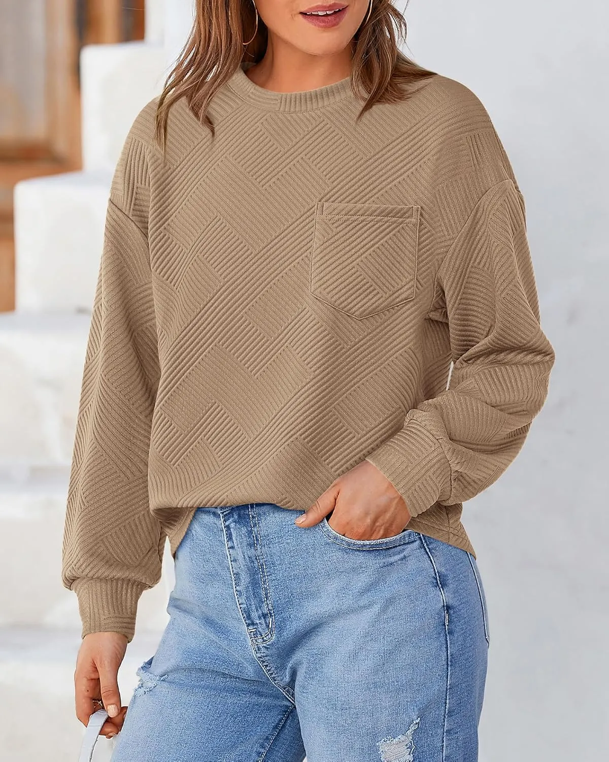 BTFBM Women's Casual Textured Sweatshirts 2024 Fall Winter Long Sleeve Drop Shoulder Crew Neck Pullover Tops with Pocket