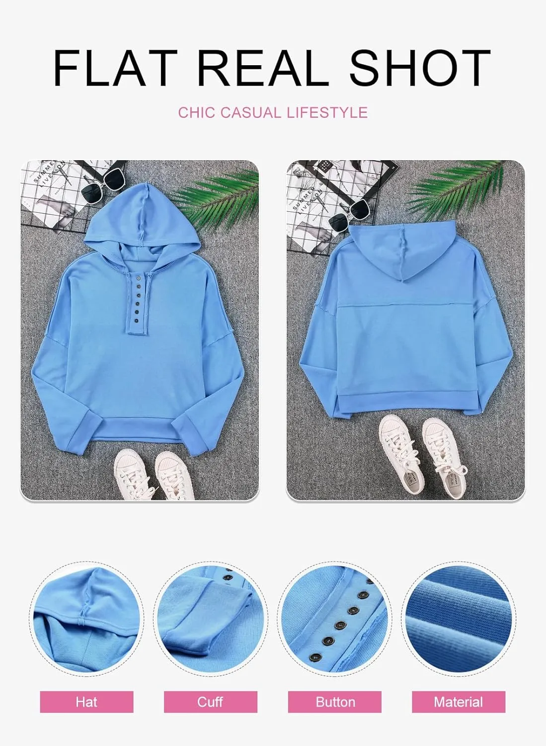 Dokotoo Hoodies for Women 2024 Fashion Fall V Neck Button Down Long Sleeve Hooded Sweatshirts Tops