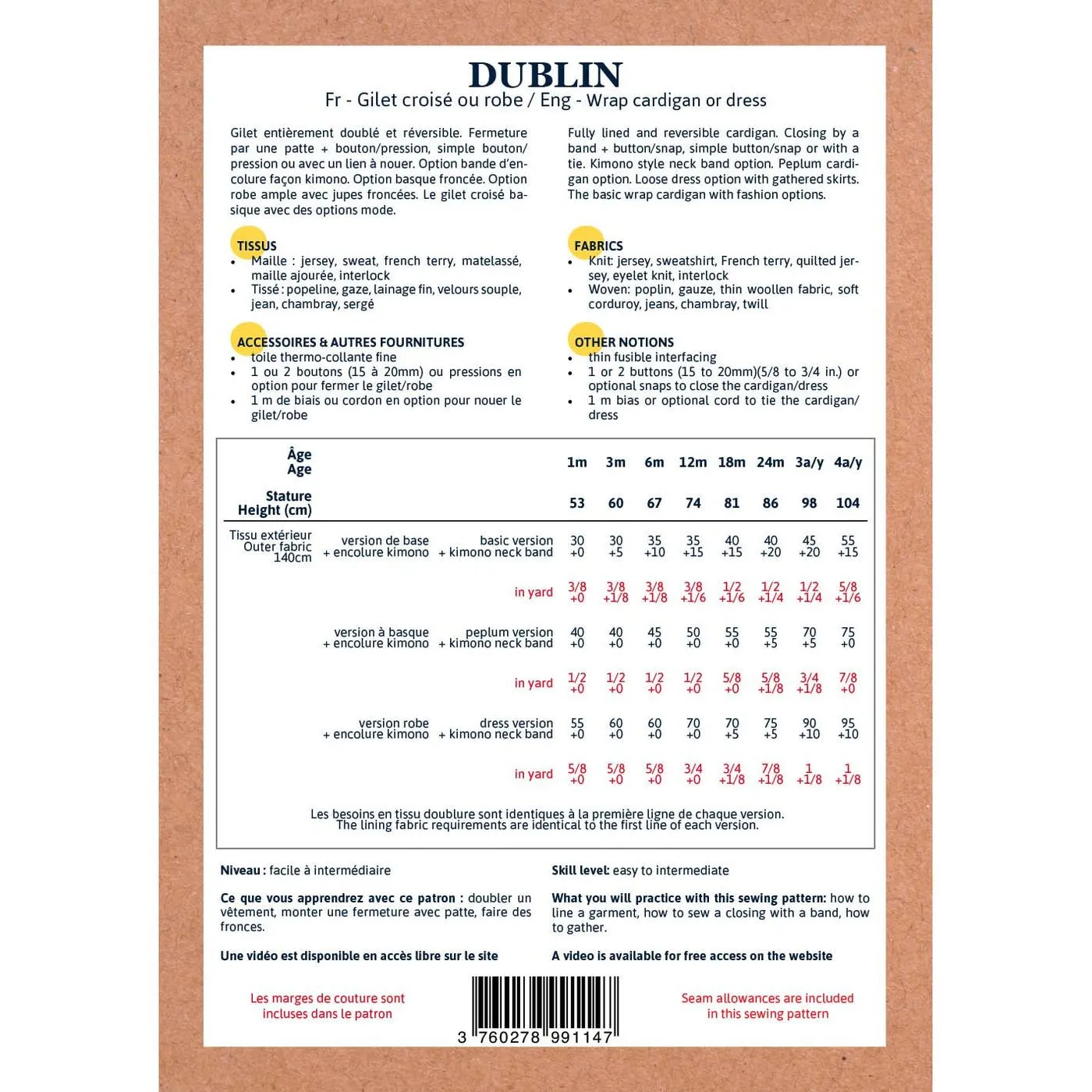 Dublin Cardigan or Dress Sewing Pattern - Baby 1M/4Y - Ikatee