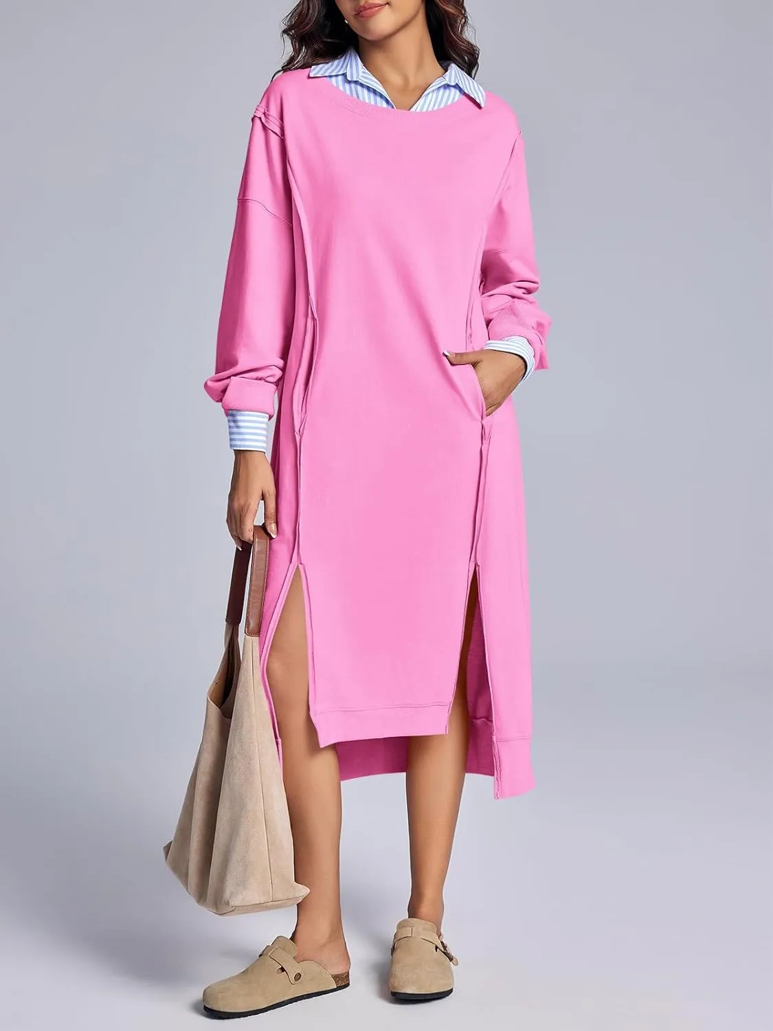 Fisoew Womens Long Sleeve Sweatshirt Dress Casual Loose Side Slit Pullover Maxi Dress