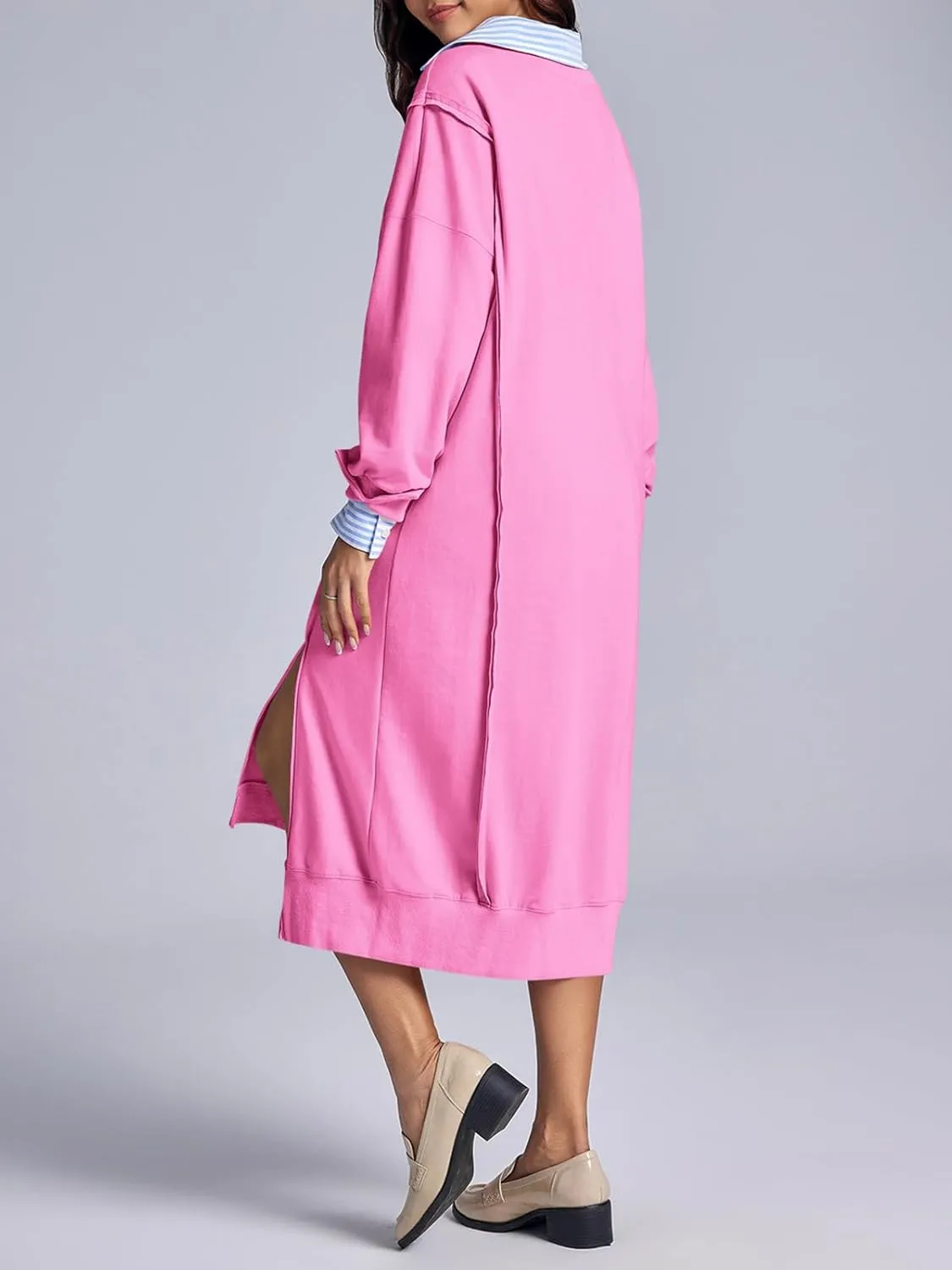 Fisoew Womens Long Sleeve Sweatshirt Dress Casual Loose Side Slit Pullover Maxi Dress