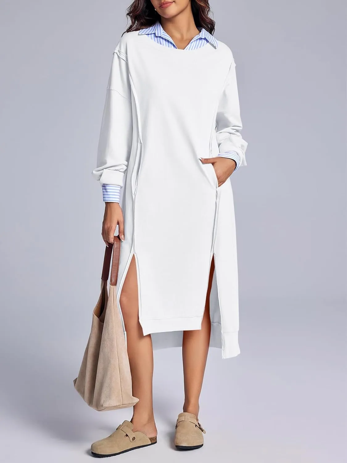 Fisoew Womens Long Sleeve Sweatshirt Dress Casual Loose Side Slit Pullover Maxi Dress