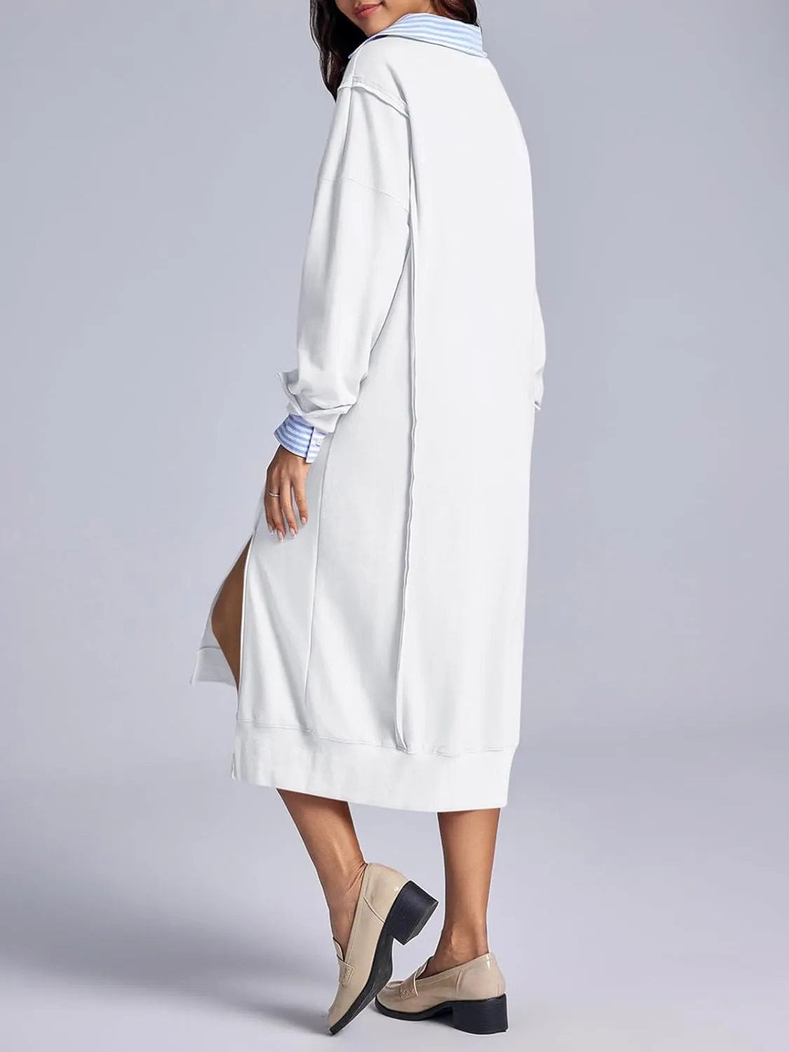 Fisoew Womens Long Sleeve Sweatshirt Dress Casual Loose Side Slit Pullover Maxi Dress