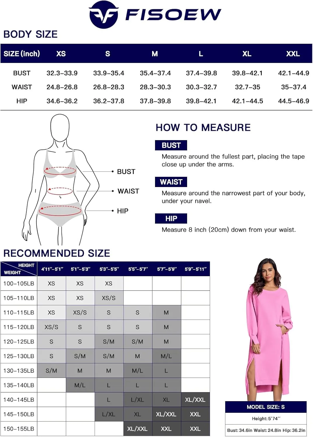 Fisoew Womens Long Sleeve Sweatshirt Dress Casual Loose Side Slit Pullover Maxi Dress