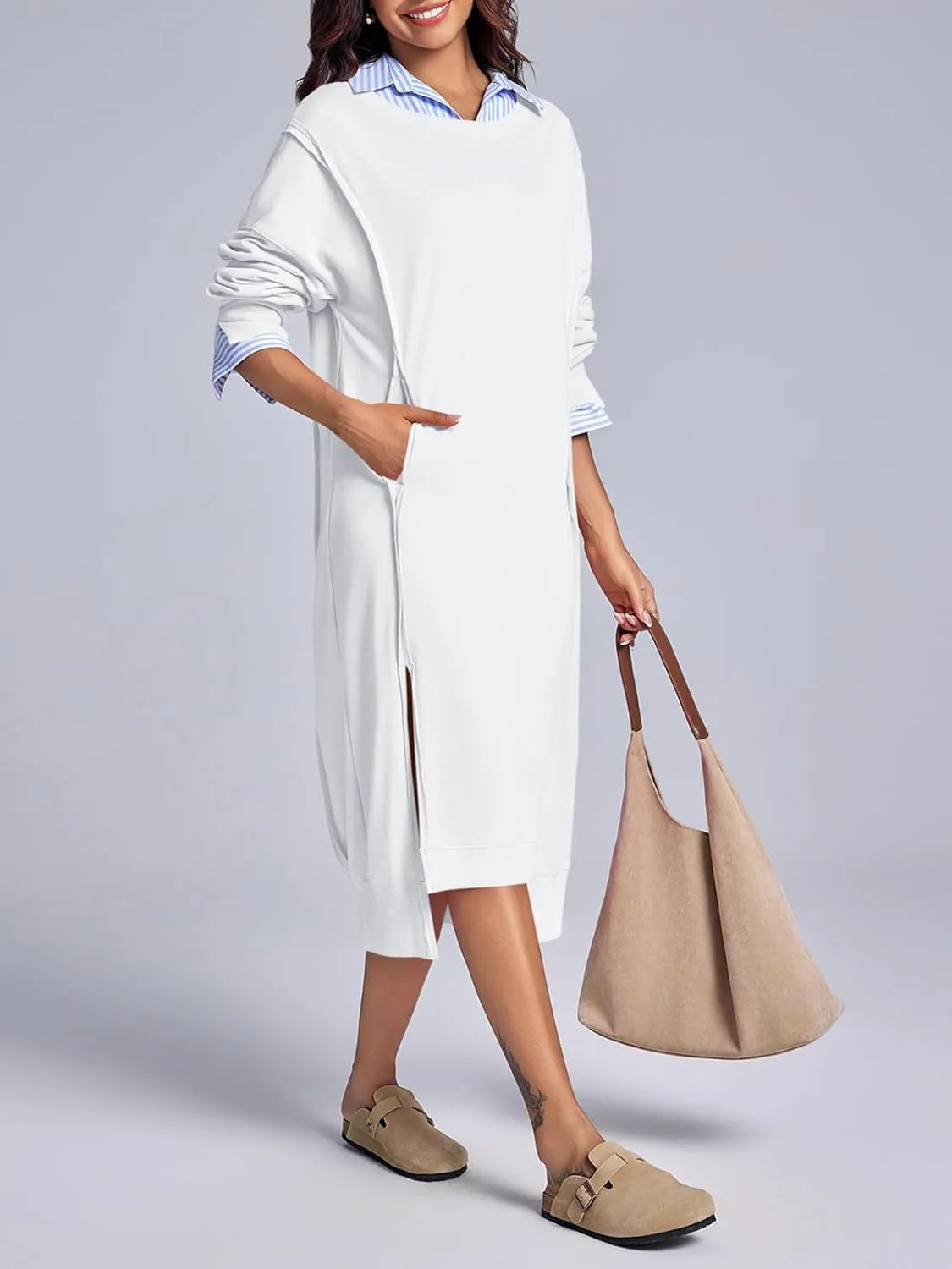Fisoew Womens Long Sleeve Sweatshirt Dress Casual Loose Side Slit Pullover Maxi Dress