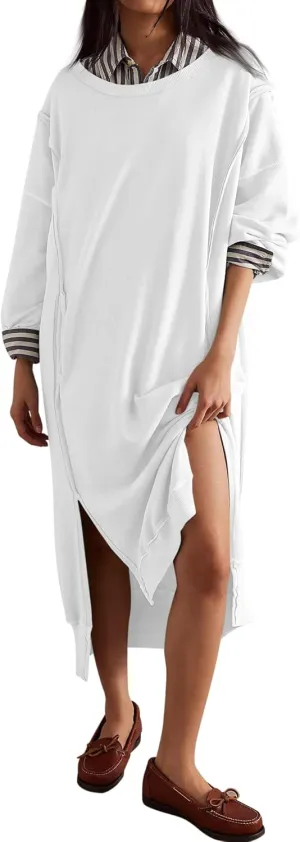 Fisoew Womens Long Sleeve Sweatshirt Dress Casual Loose Side Slit Pullover Maxi Dress
