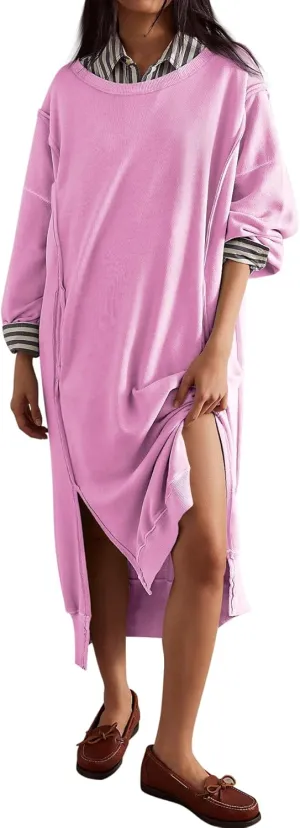 Fisoew Womens Long Sleeve Sweatshirt Dress Casual Loose Side Slit Pullover Maxi Dress