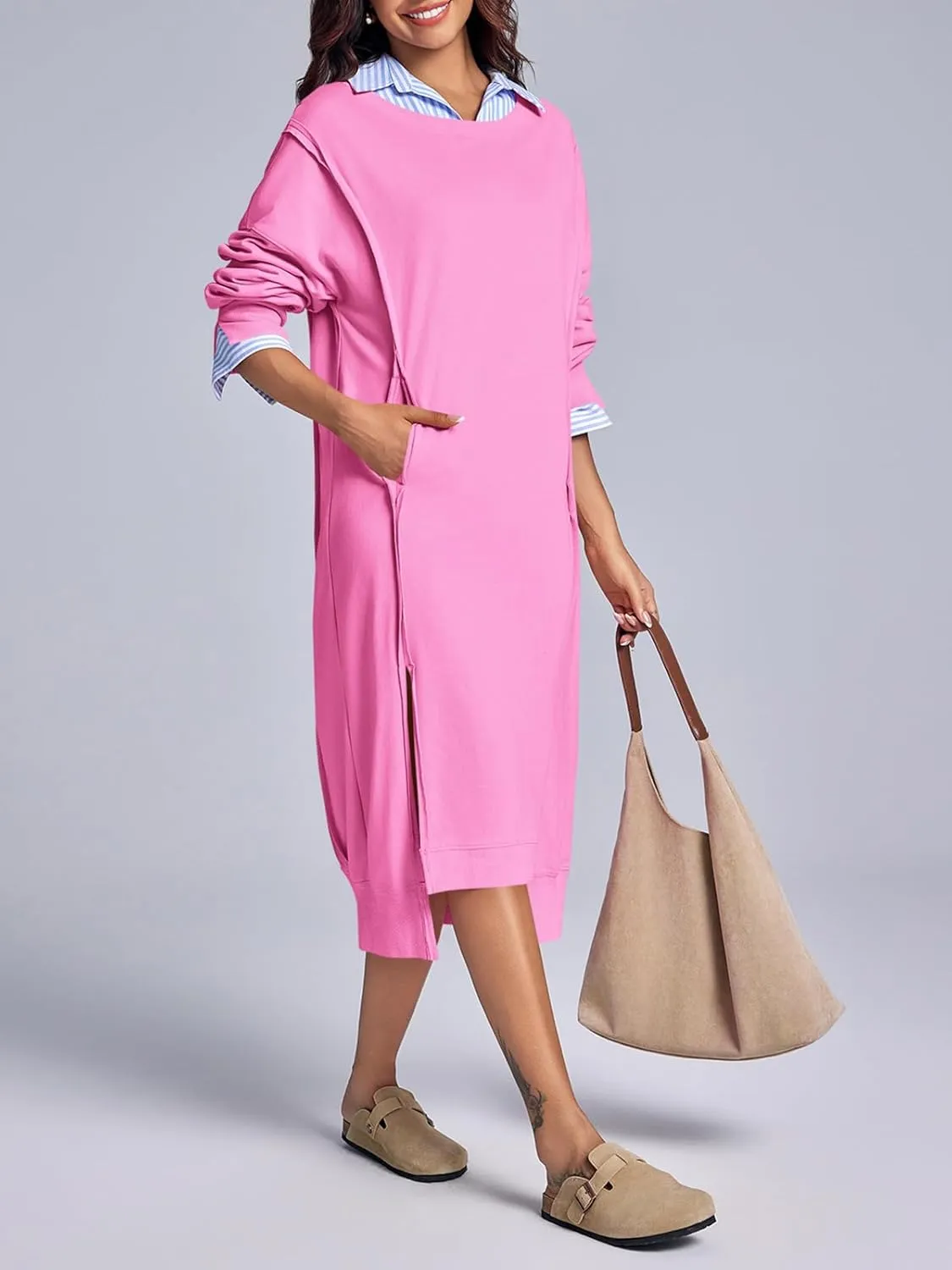 Fisoew Womens Long Sleeve Sweatshirt Dress Casual Loose Side Slit Pullover Maxi Dress