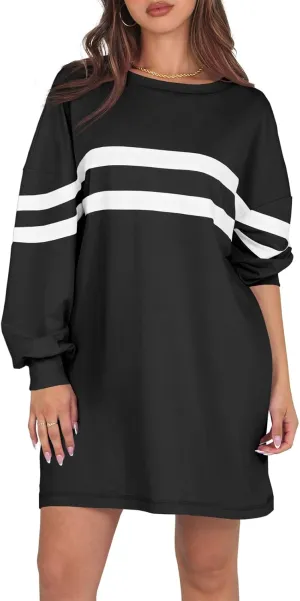 Fisoew Womens Oversized Sweatshirt Long Sleeve Crew Neck Casual Striped Pullover Sweatshirt Dress