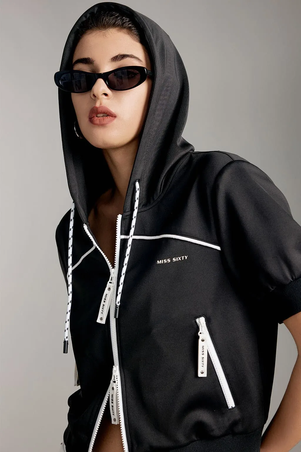 Hooded Double Zipper Cropped Sweatshirt