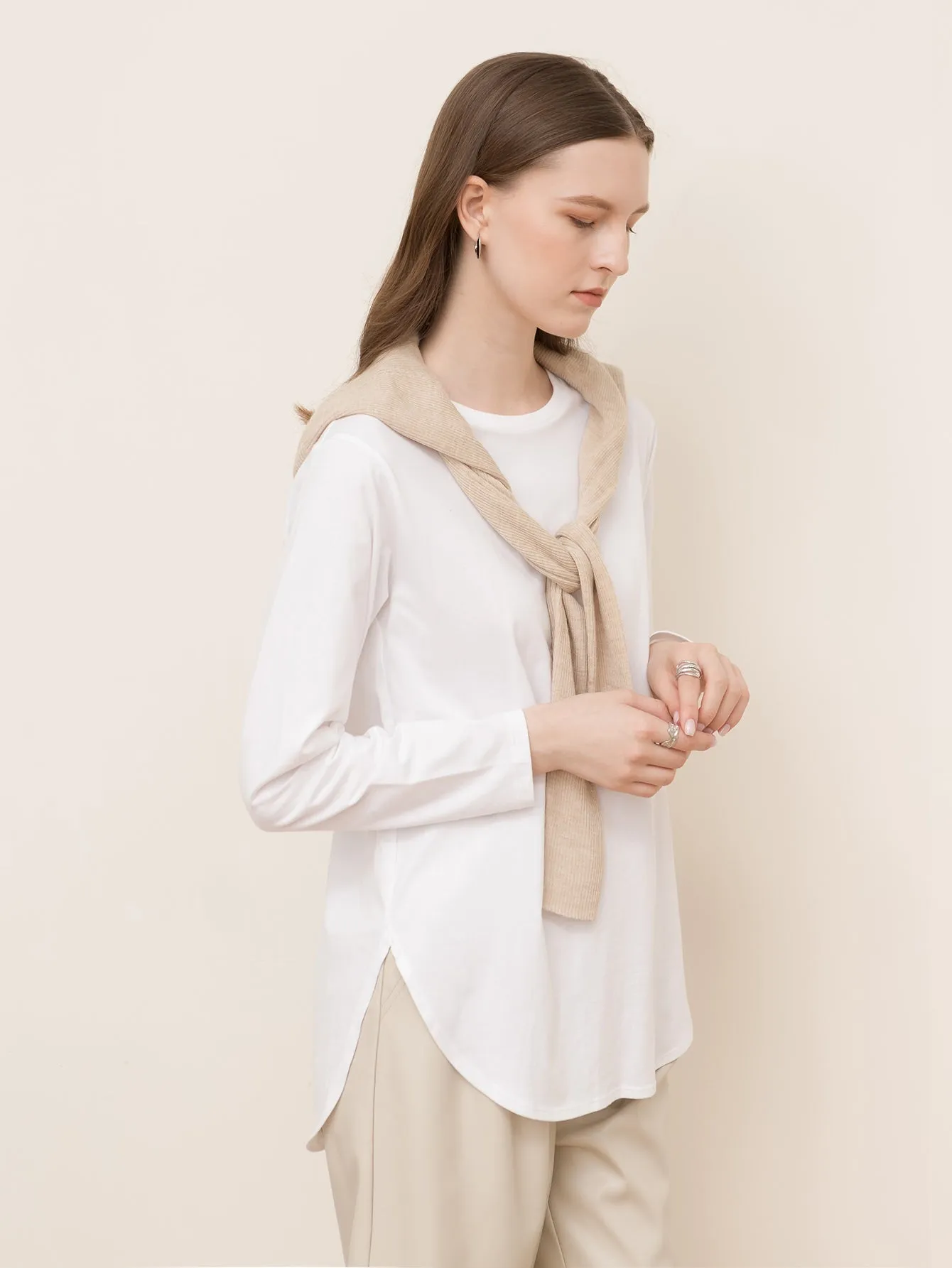 KittenAlarm - Pure Cotton Slit Round Neck Loose Long Sleeve T-Shirt Sweatshirt