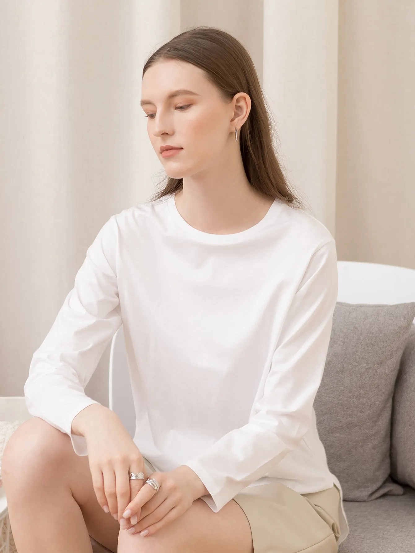 KittenAlarm - Pure Cotton Slit Round Neck Loose Long Sleeve T-Shirt Sweatshirt