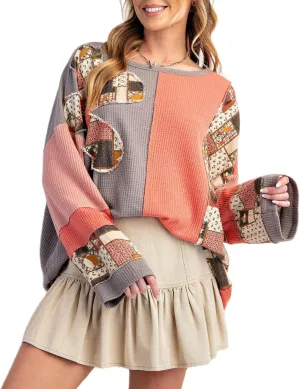 KMBANGI Women Y2K Color Block Sweatshirt Vintage Long Sleeve Patchwork Floral Crew Neck Top Casual Oversized Sweatshirt