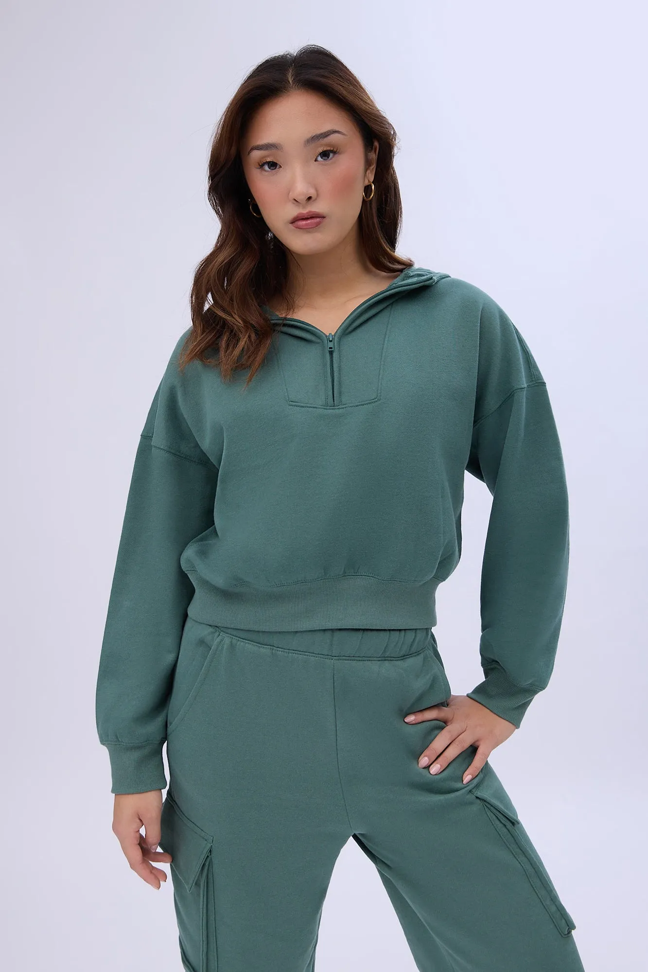 Mock Neck Half-Zip Hooded Sweatshirt