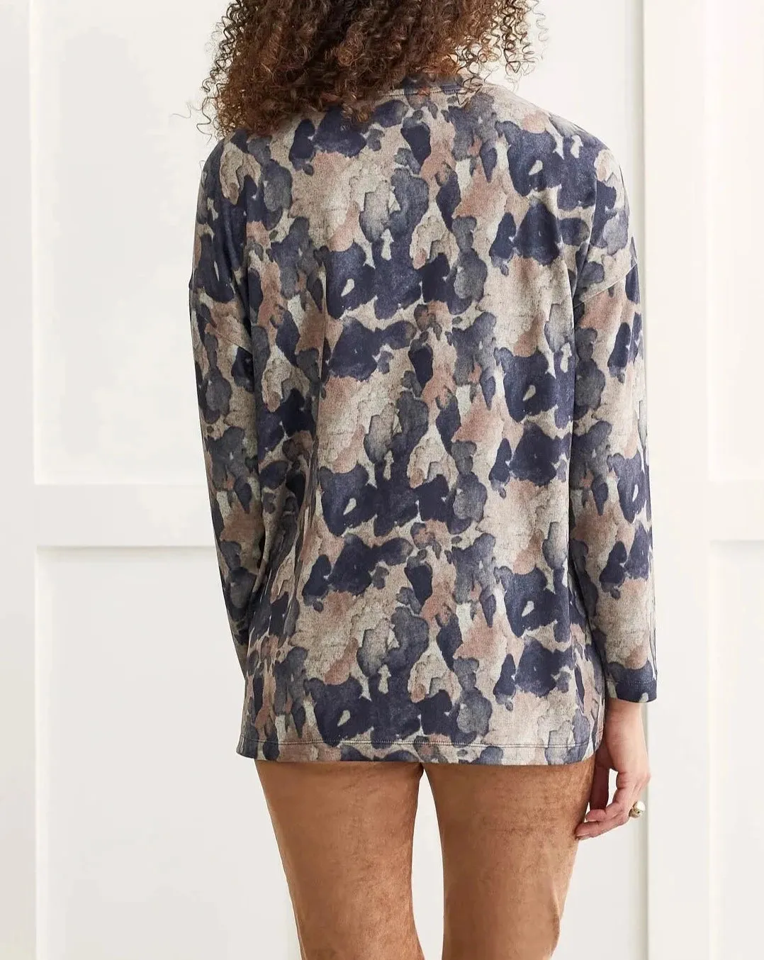 Printed Crew Neck Top With Side Slits
