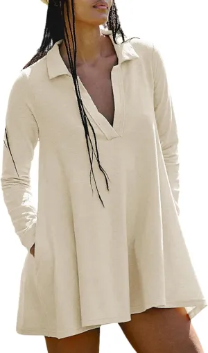 PUWEI Womens Long Sleeve Mini Dress Lapel Collared V Neck Sweatshirt Dress Casual Solid Color with Pockets