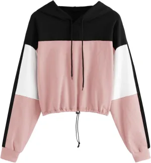 SweatyRocks Women's Casual Long Sleeve Colorblock Pullover Hoodie Sweatshirt Crop Top