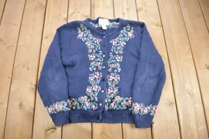 Vintage 1990s Blue Floral Theme Embroidered Knit Cardigan Sweater