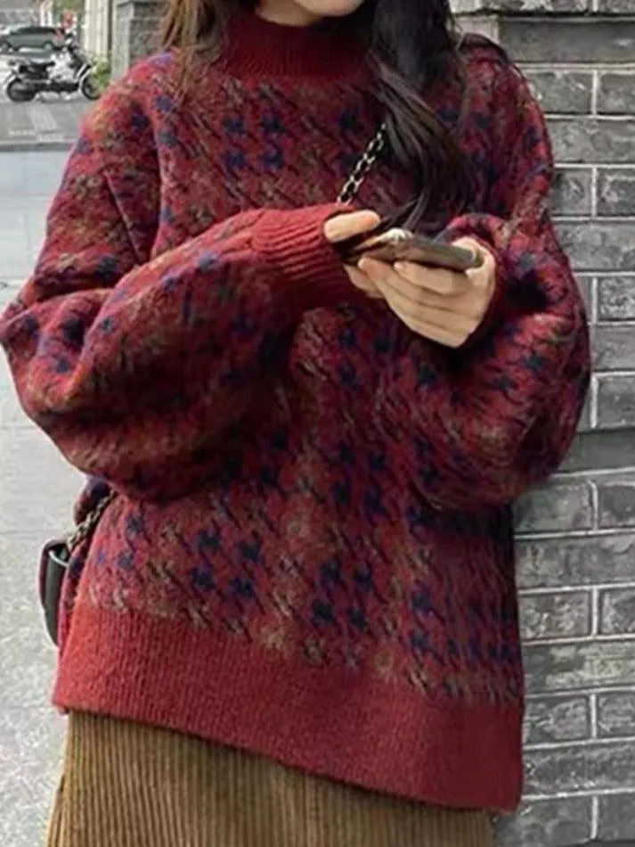 Wenkouban-Spring Casual Outfits Y2K Outfits Houndstooth Crew Neck Knit Sweater