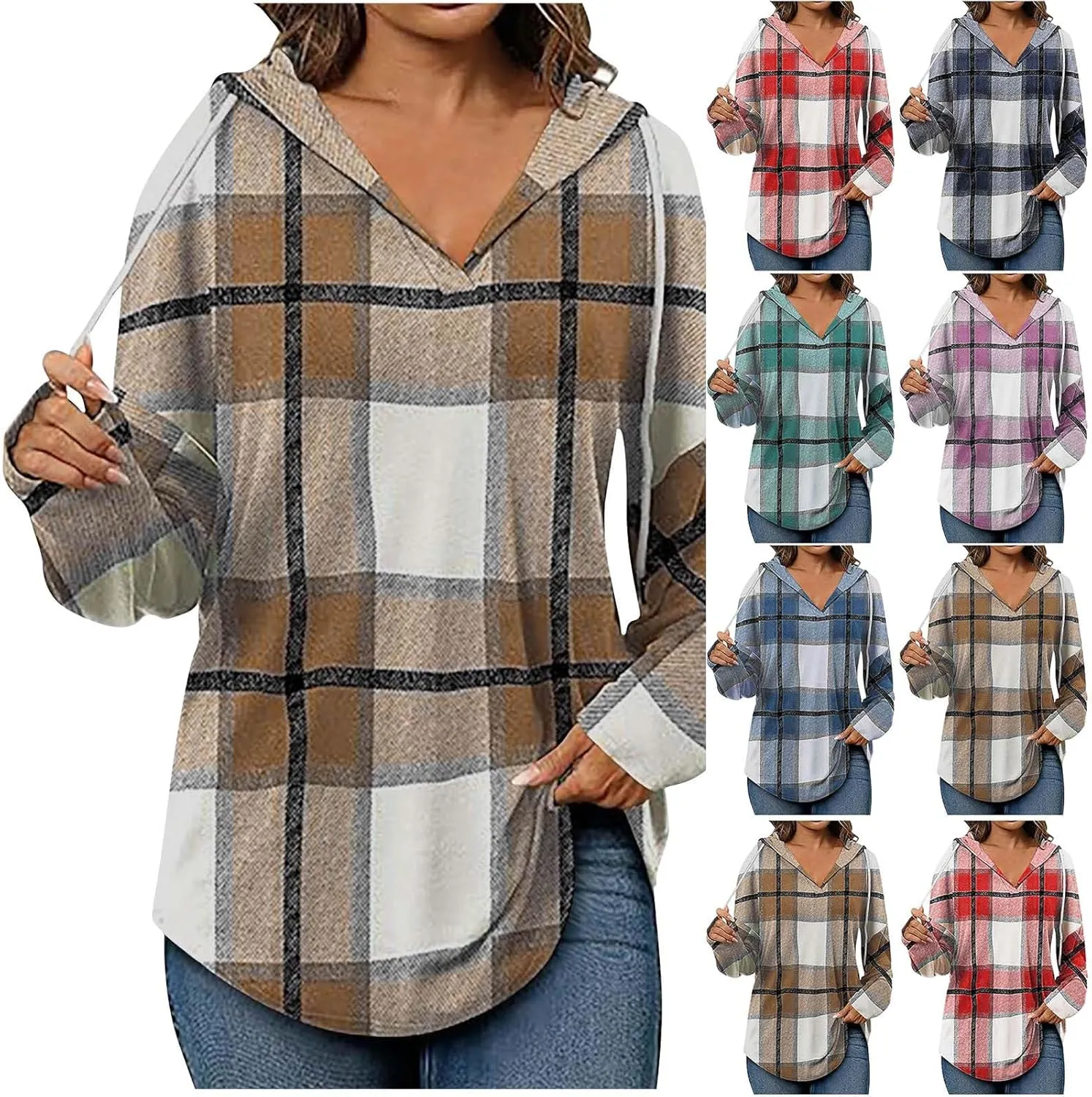 Women 2024 Plaid Hoodies Long Sleeve Drawstring Pullover Hooded Sweatshirts Loose Fit Blouses Tops Fashion Clothes