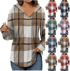 Women 2024 Plaid Hoodies Long Sleeve Drawstring Pullover Hooded Sweatshirts Loose Fit Blouses Tops Fashion Clothes