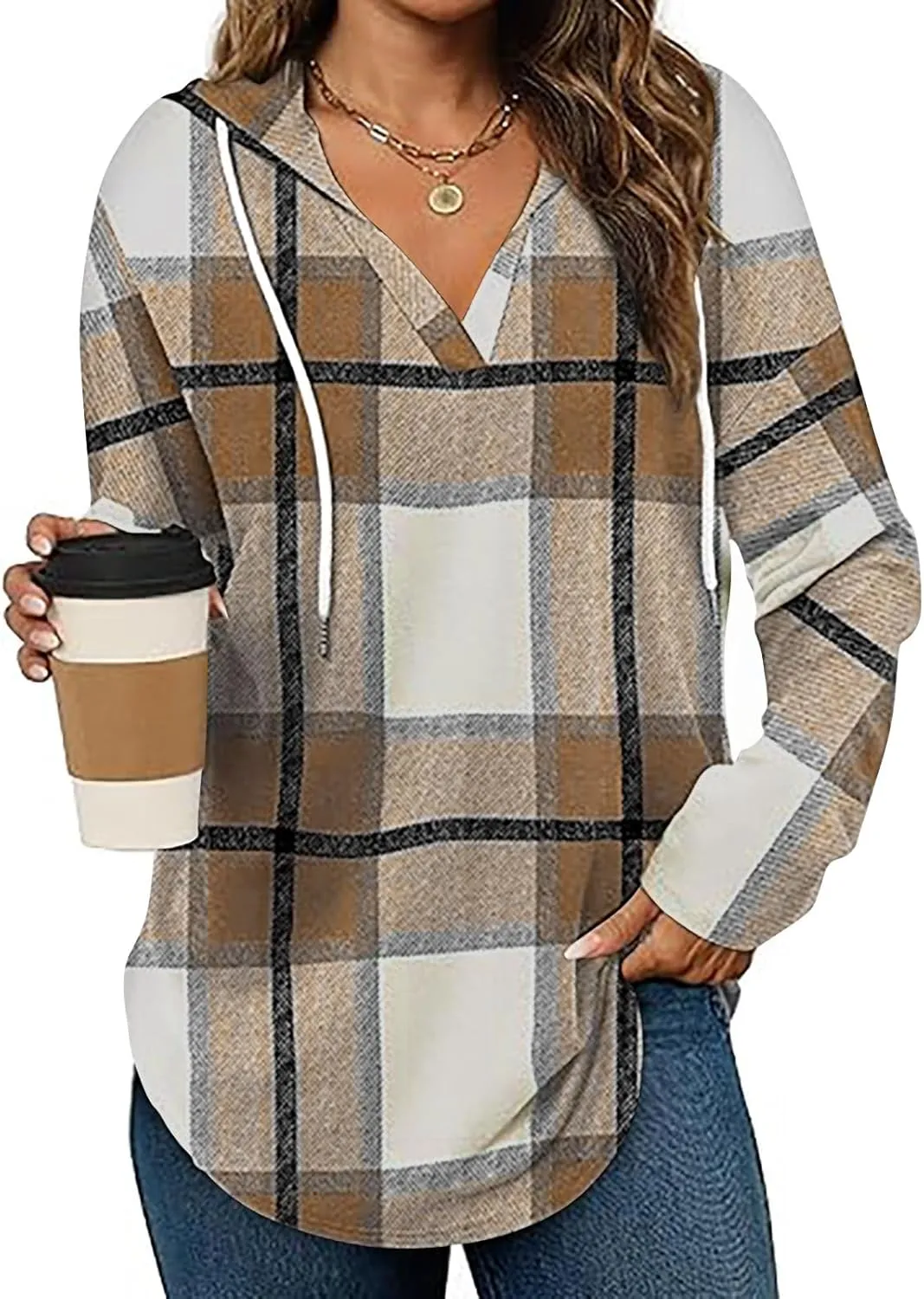 Women 2024 Plaid Hoodies Long Sleeve Drawstring Pullover Hooded Sweatshirts Loose Fit Blouses Tops Fashion Clothes