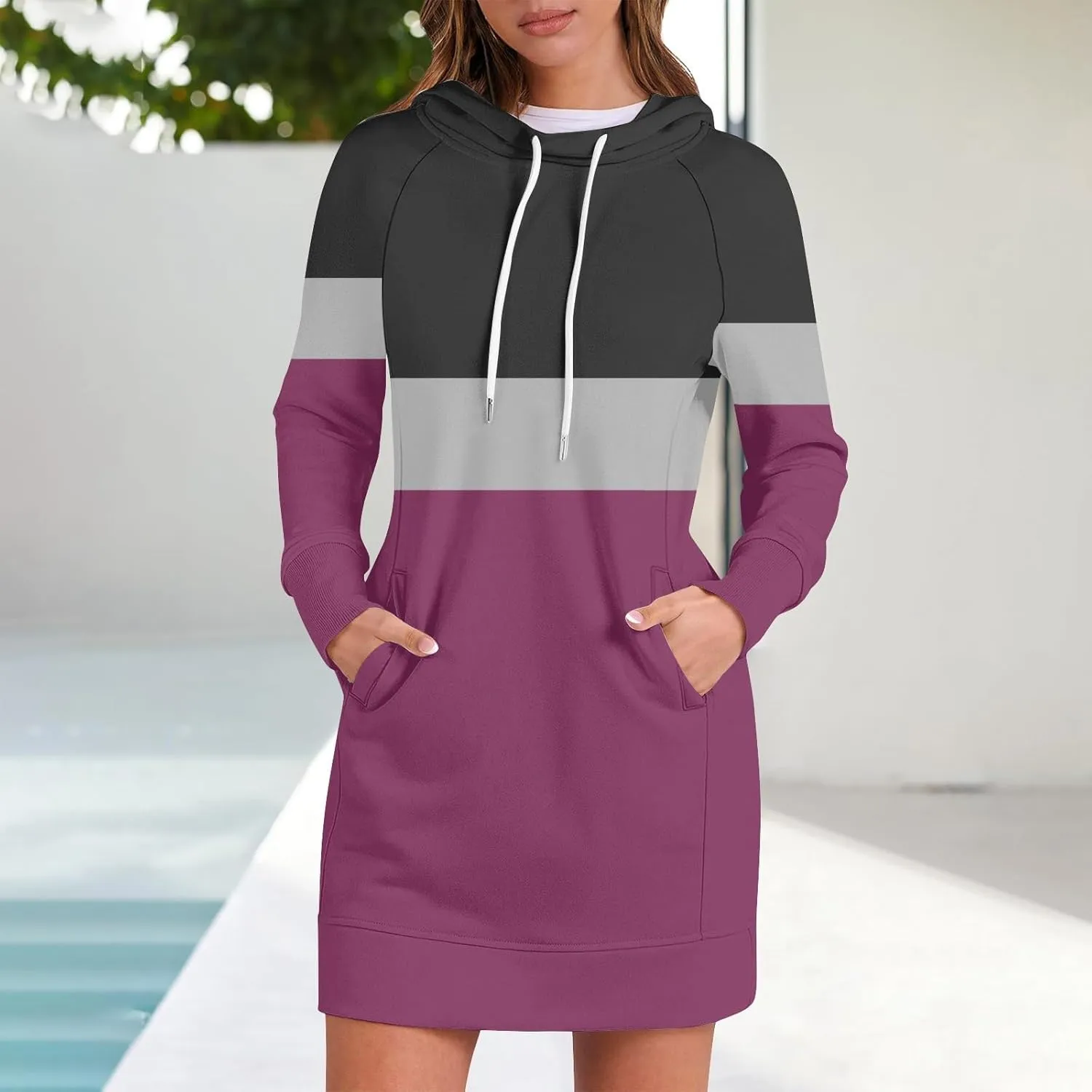 Women's Fall Flower Print Long Sleeve Tops Round Neck Patchwork Sweatshirt Casual Raglan Sleeve Hooded Dress 2024