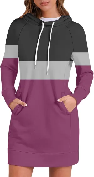 Women's Fall Flower Print Long Sleeve Tops Round Neck Patchwork Sweatshirt Casual Raglan Sleeve Hooded Dress 2024
