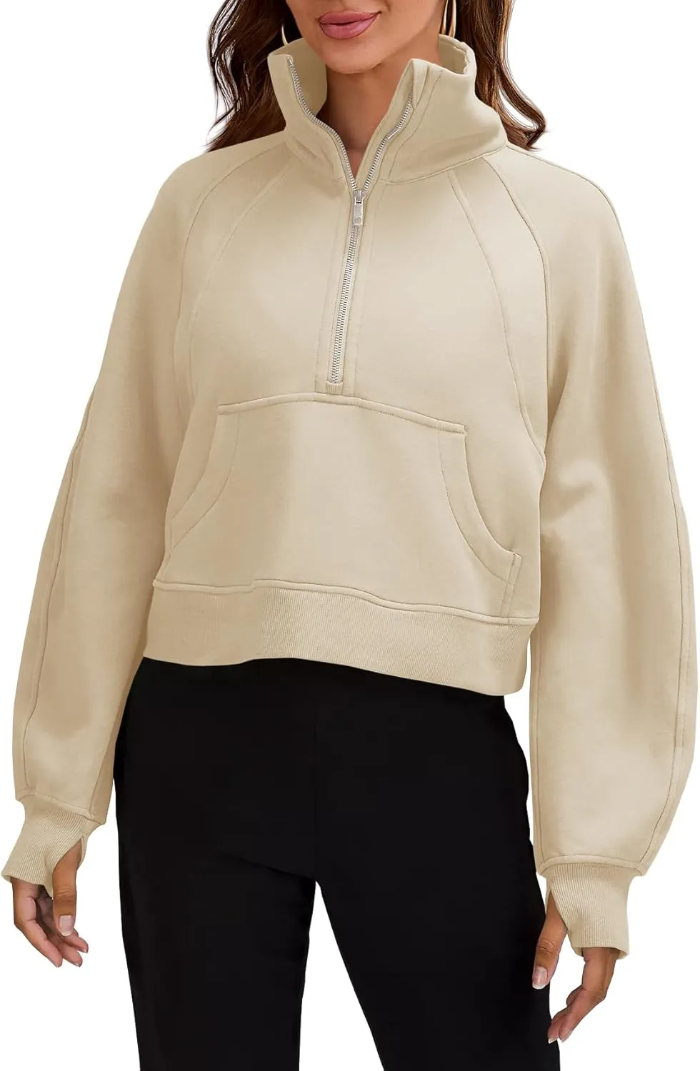 Womens Sweatshirts Half Zipper Crop Pullover Funnel Neck Fleece Lined Zip Up Long Sleeve Tops Thumb Hole
