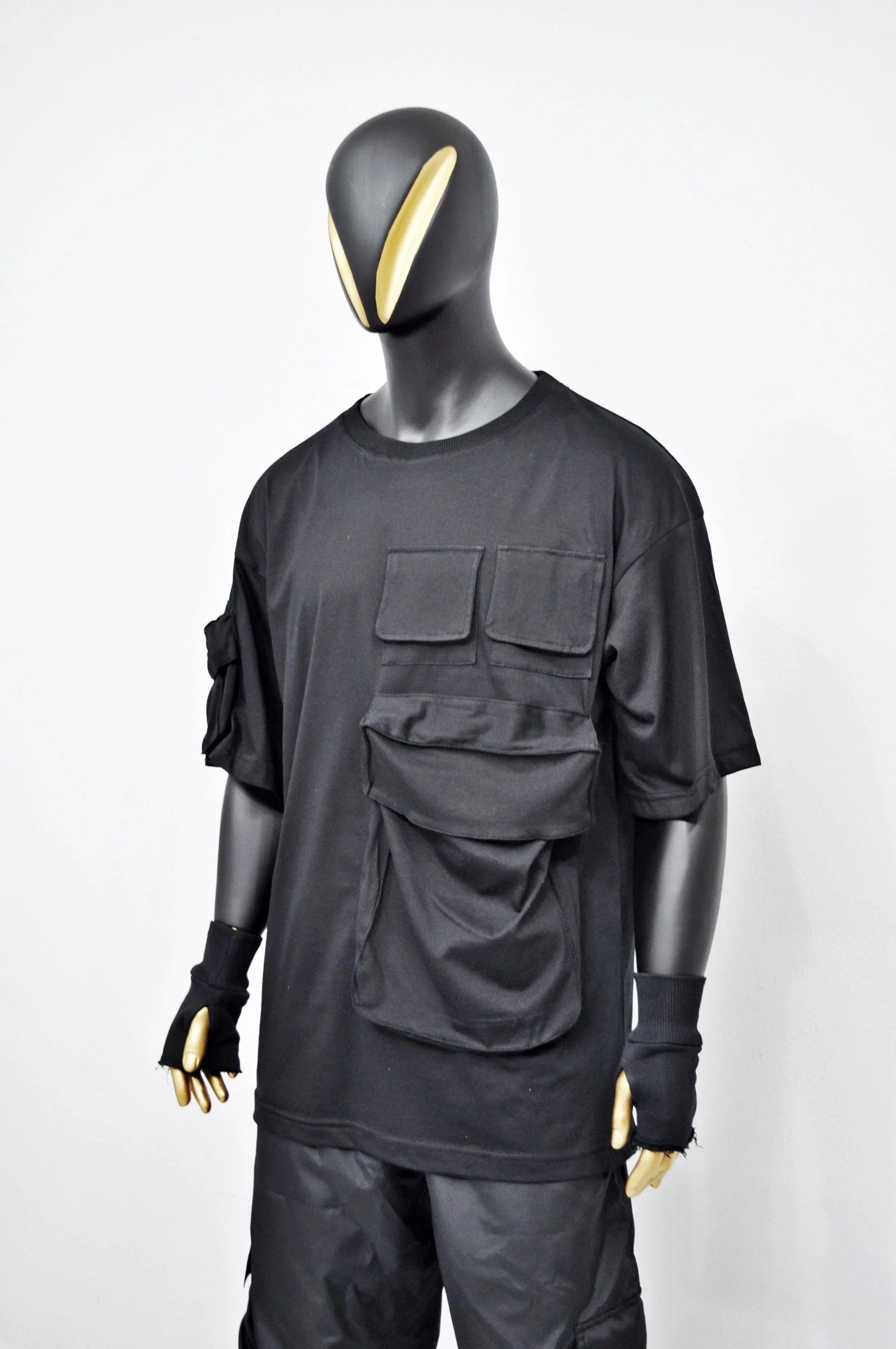 XS-8XL Men's Utility Cargo Pocket Elongated Short Sleeve Loose T-shirt, Capsule Whimsigoth Mesh, Techwear shirt,Streetwear Oversize- BB495